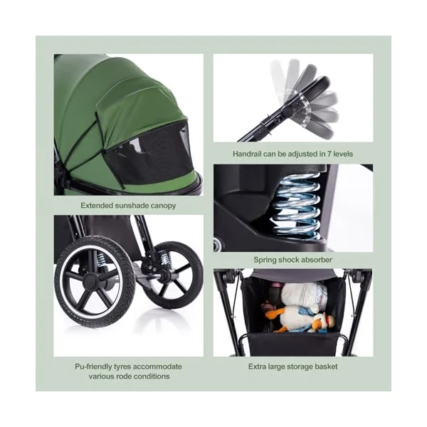 Gcarebb 3 in 1 Prams Travel System, Pushchair with Height Adjustable Handle, Travel Pram with Rain Cover, Baby Stroller with Aluminum Frame for Newborn
