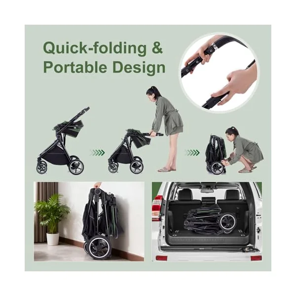 Gcarebb 3 in 1 Prams Travel System, Pushchair with Height Adjustable Handle, Travel Pram with Rain Cover, Baby Stroller with Aluminum Frame for Newborn