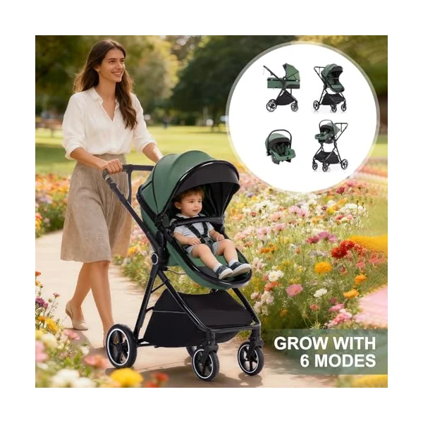 Gcarebb 3 in 1 Prams Travel System, Pushchair with Height Adjustable Handle, Travel Pram with Rain Cover, Baby Stroller with Aluminum Frame for Newborn
