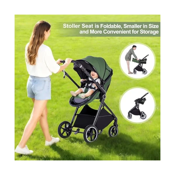 Gcarebb 3 in 1 Prams Travel System, Pushchair with Height Adjustable Handle, Travel Pram with Rain Cover, Baby Stroller with Aluminum Frame for Newborn