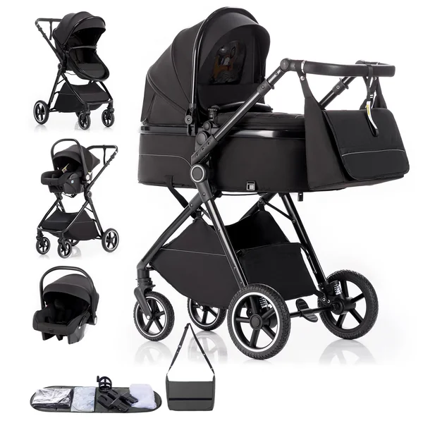 Gcarebb 3 in 1 Prams Travel System, Pushchair with Height Adjustable Handle, Travel Pram with Rain Cover, Baby Stroller with Aluminum Frame for Newborn