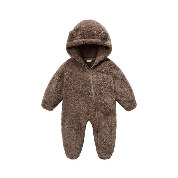 Geagodelia Toddler Infant Baby Boy Girl Romper Snowsuit Long Sleeve Bear Shaped Footies Hooded Button Up Full Length Plush Zipper Closure Winter Warm Fuzzy Fleece Jumpsuit