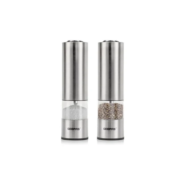 Geepas Electric Salt Pepper Mill Grinders Battery Powered Adjustable Coarseness Pack of 2