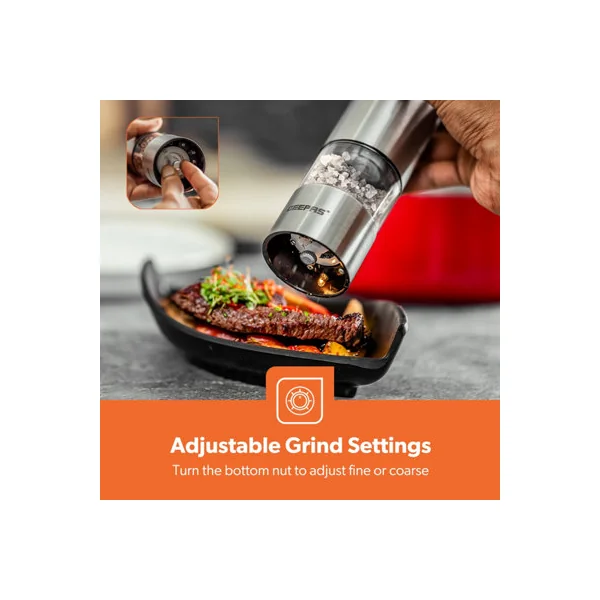 Geepas Electric Salt Pepper Mill Grinders Battery Powered Adjustable Coarseness Pack of 2