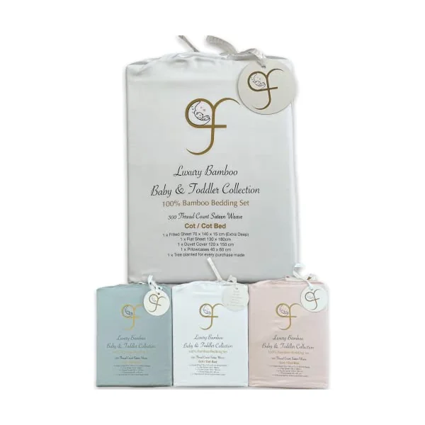 GF 100% Organic Bamboo Baby & Toddler Cot Bed Bedding Set 4 Pieces 300tc Luxurious sateen weave Duvet Cover, Fitted sheet, Flat Sheet, Pillowcase