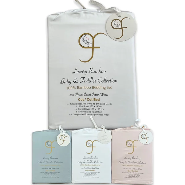 GF 100% Organic Bamboo Baby & Toddler Cot Bed Bedding Set 4 Pieces 300tc Luxurious sateen weave Duvet Cover, Fitted sheet, Flat Sheet, Pillowcase