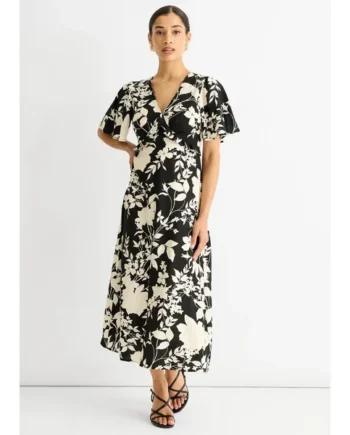 Gini London Black Mono Ruffle V Neck Viscose Midi Dress