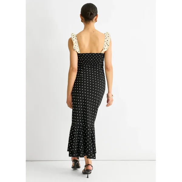 Gini London Black Spot Ruffle Bias Midi dress