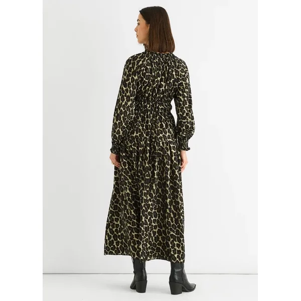 Gini London Khaki Animal Print Shirred High Neck Maxi Dress
