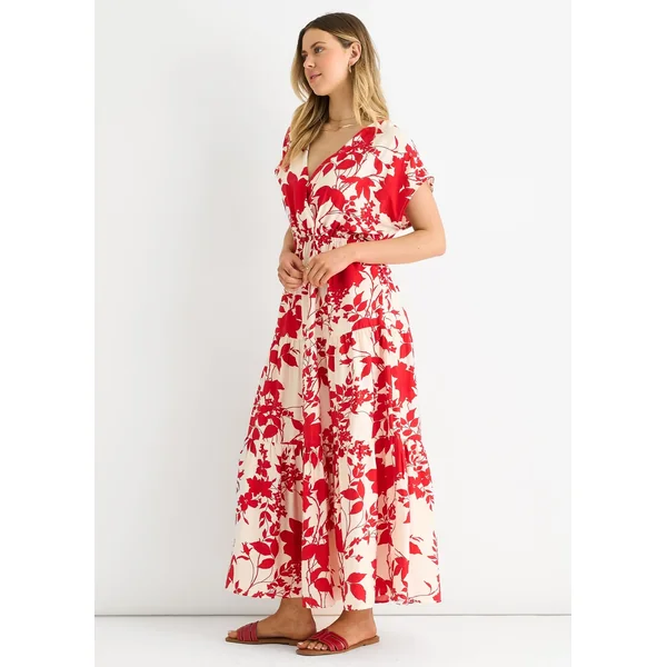 Gini London Red Floral Elastic Waist Maxi Dress