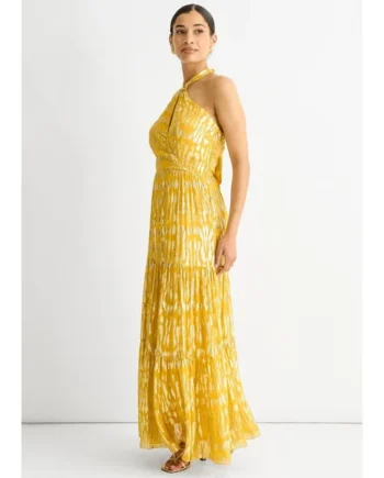 Gini London Yellow Animal Jacquard Halter Neck Maxi dress