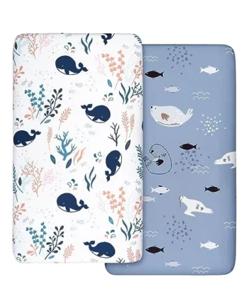 GLLQUEN 2 Pack Cot Fitted Sheets 120x60 cm Microfiber Bedding OEKO-TEX Baby | Breathable Mattress Cover for Travel Cot & Toddler Bed, Cosy 360 Elastic Snug Fit, Hypoallergenic Value Set, Unisex(Whalse)