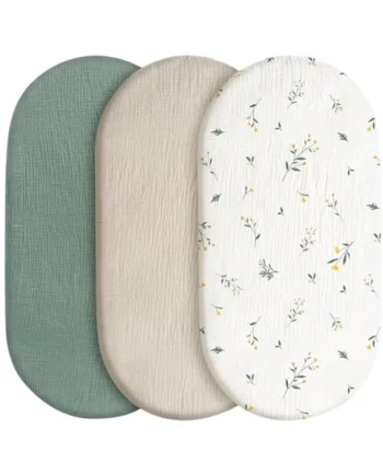 GLLQUEN 3 Pack Muslin Cotton Moses Basket Sheets 83x43cm Pram OEKO-TEX | Soft Breathable Bassinet Cover for Side Sleeper, Cosy 360 Elastic Snug Fit,Unisex(Flower)