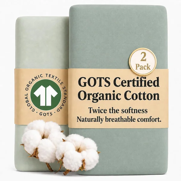 GOTS Organic 2 x Cot Sheets 120x60 Fitted - Cozy & Luxurious – 190GSM Organic Cotton - Baby Cot Sheet - 100% Organic Combed Cotton Baby Bedding - Cot Bed Sheets 60 x 120
