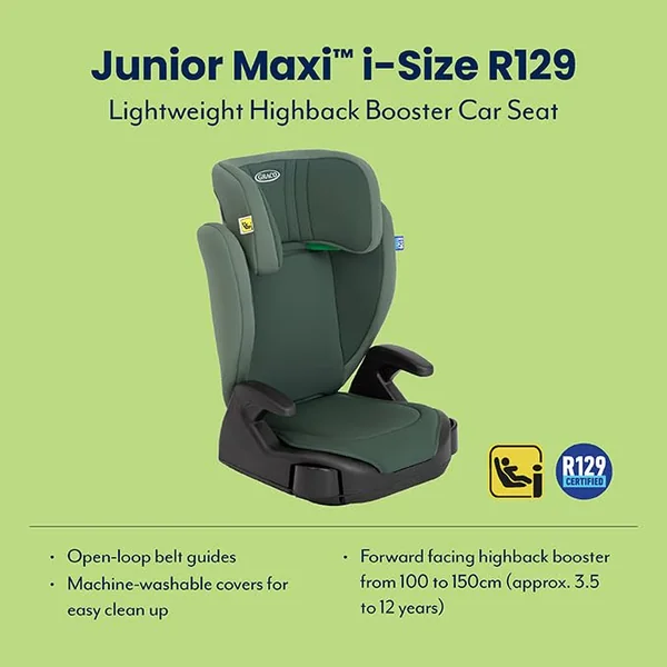Graco Junior Maxi i-Size R129 Highback Booster car seat with cupholders, Suitable from 100-150cm (Approx. 3.5 to 12 Years), Hunter Fashion