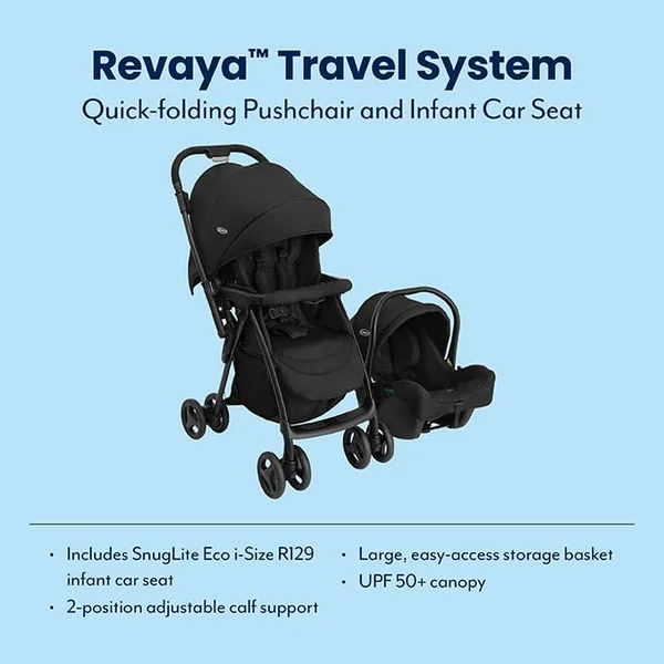 Graco Revaya Travel System - Suitable from Birth to Approx. 4 Years (0-22kg). Parent/World Facing Reversible Handle, Includes i-Size car seat, Midnight Fashion
