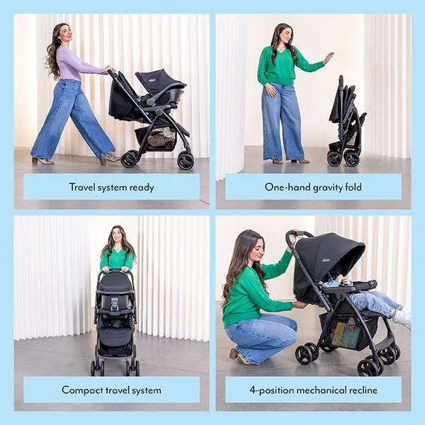 Graco Revaya Travel System - Suitable from Birth to Approx. 4 Years (0-22kg). Parent/World Facing Reversible Handle, Includes i-Size car seat, Midnight Fashion