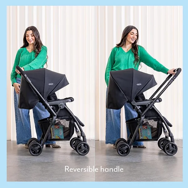 Graco Revaya Travel System - Suitable from Birth to Approx. 4 Years (0-22kg). Parent/World Facing Reversible Handle, Includes i-Size car seat, Midnight Fashion