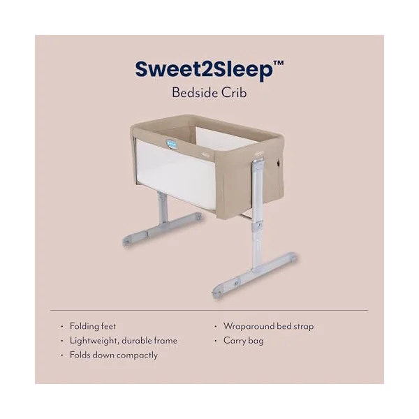 Graco Sweet2Sleep Bedside Bassinet/Crib keeping baby close to you with easy-access side rail, 11 height adjustments, 4 tilt positions and with carrybag, Oatmeal fashion