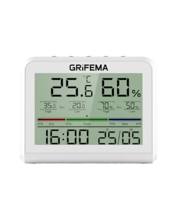 GRIFEMA GA2901, Digital Hygrometer Indoor Thermometer, Humidity Meter with Backlight, Max/Min Recording, Clock/Date Display, Ideal for Home/Greenhouse, White
