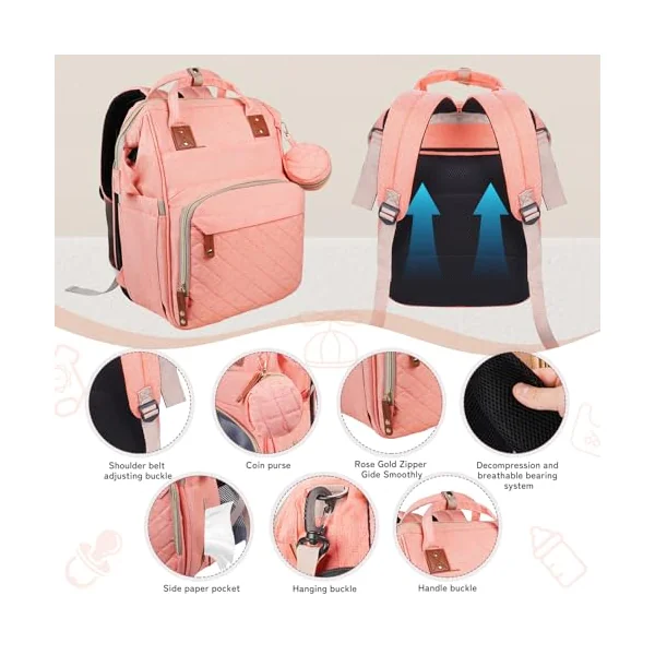 GurZinn Diaper Bag Backpack with Changing Station Portable 3 in 1 Multifunction Backpack Travel mommy bag Stroller Pink