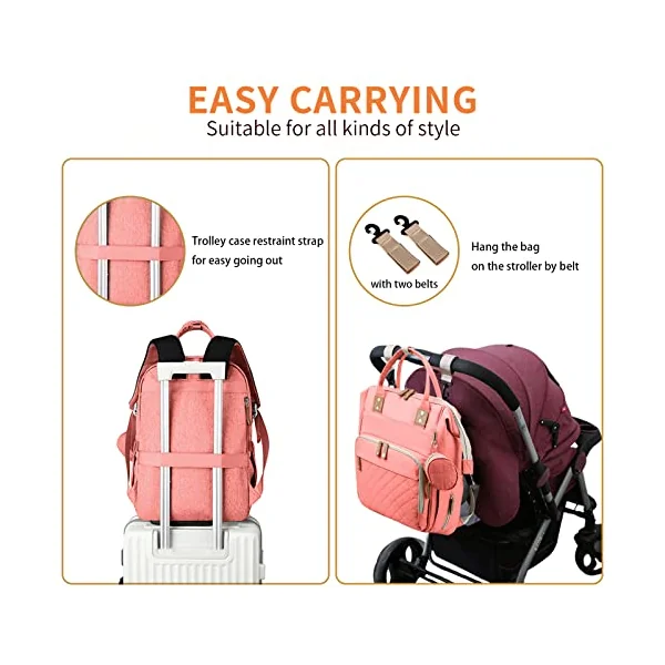 GurZinn Diaper Bag Backpack with Changing Station Portable 3 in 1 Multifunction Backpack Travel mommy bag Stroller Pink