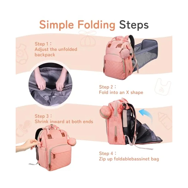 GurZinn Diaper Bag Backpack with Changing Station Portable 3 in 1 Multifunction Backpack Travel mommy bag Stroller Pink