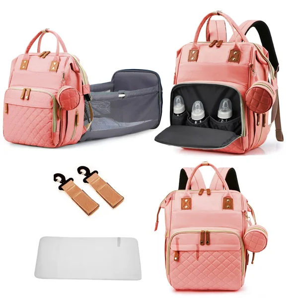 GurZinn Diaper Bag Backpack with Changing Station Portable 3 in 1 Multifunction Backpack Travel mommy bag Stroller Pink