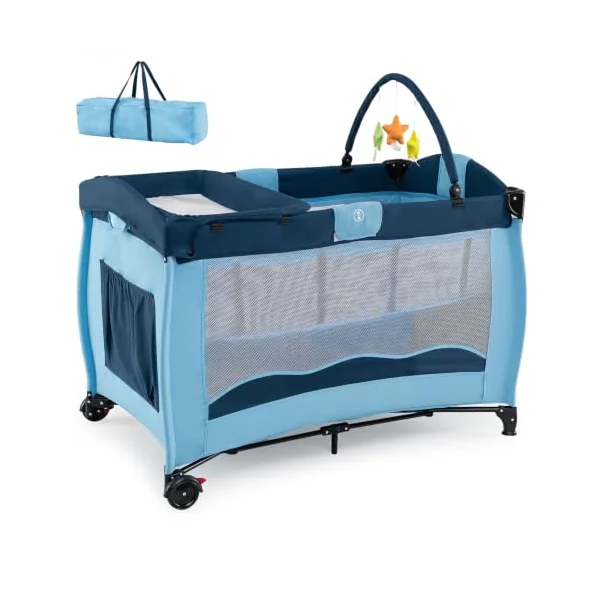 GYMAX 4 in 1 Baby Travel Cot with Diaper Changing Table | Bassinet Bed Activity Play Center with 3 Hanging Toys, Mattress, Storage Pocket & Carrying Bag, Portable Infant Playpen