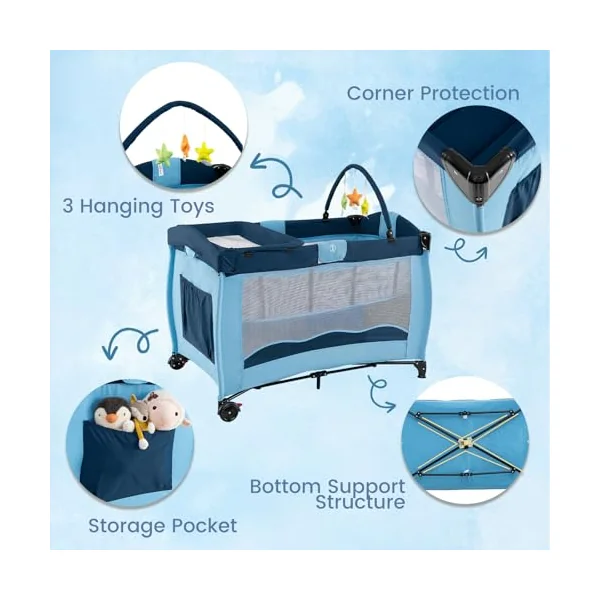 GYMAX 4 in 1 Baby Travel Cot with Diaper Changing Table | Bassinet Bed Activity Play Center with 3 Hanging Toys, Mattress, Storage Pocket & Carrying Bag, Portable Infant Playpen