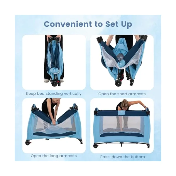 GYMAX 4 in 1 Baby Travel Cot with Diaper Changing Table | Bassinet Bed Activity Play Center with 3 Hanging Toys, Mattress, Storage Pocket & Carrying Bag, Portable Infant Playpen