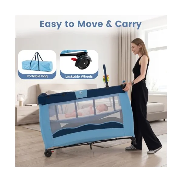 GYMAX 4 in 1 Baby Travel Cot with Diaper Changing Table | Bassinet Bed Activity Play Center with 3 Hanging Toys, Mattress, Storage Pocket & Carrying Bag, Portable Infant Playpen