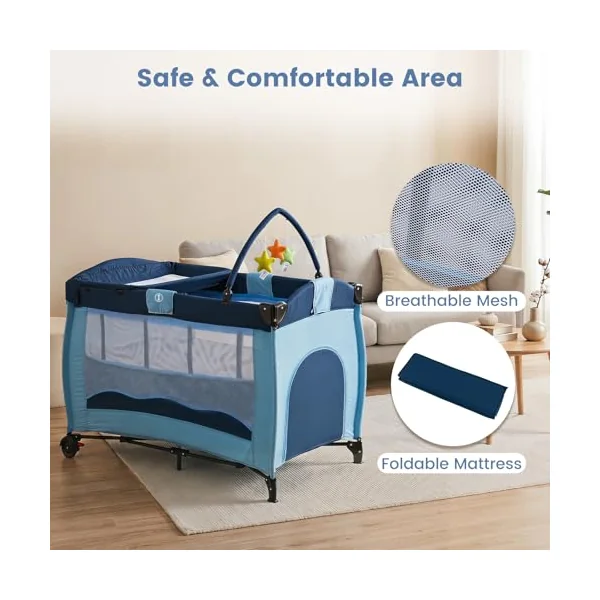 GYMAX 4 in 1 Baby Travel Cot with Diaper Changing Table | Bassinet Bed Activity Play Center with 3 Hanging Toys, Mattress, Storage Pocket & Carrying Bag, Portable Infant Playpen