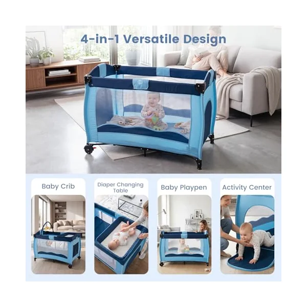 GYMAX 4 in 1 Baby Travel Cot with Diaper Changing Table | Bassinet Bed Activity Play Center with 3 Hanging Toys, Mattress, Storage Pocket & Carrying Bag, Portable Infant Playpen