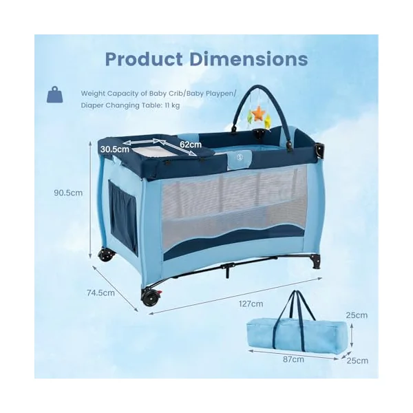 GYMAX 4 in 1 Baby Travel Cot with Diaper Changing Table | Bassinet Bed Activity Play Center with 3 Hanging Toys, Mattress, Storage Pocket & Carrying Bag, Portable Infant Playpen