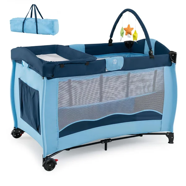 GYMAX 4 in 1 Baby Travel Cot with Diaper Changing Table | Bassinet Bed Activity Play Center with 3 Hanging Toys, Mattress, Storage Pocket & Carrying Bag, Portable Infant Playpen