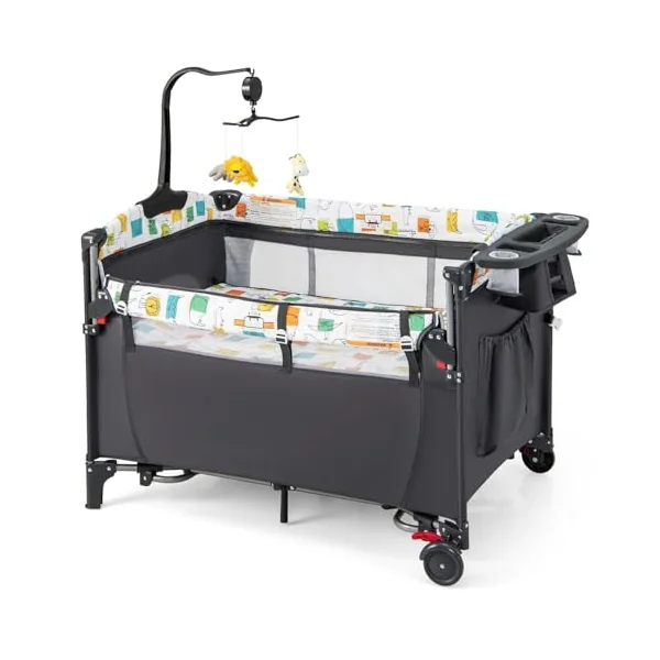 GYMAX 5 in 1 Folding Travel Cot, Portable Baby Bed Playard (Grey) | Diaper Changer, Music Box, Mattress, Hanging Toys & Basket, Side Zipper Entrance, Infant Bassinet Nursery Center for Newborn
