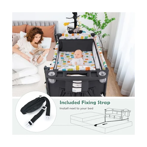 GYMAX 5 in 1 Folding Travel Cot, Portable Baby Bed Playard (Grey) | Diaper Changer, Music Box, Mattress, Hanging Toys & Basket, Side Zipper Entrance, Infant Bassinet Nursery Center for Newborn