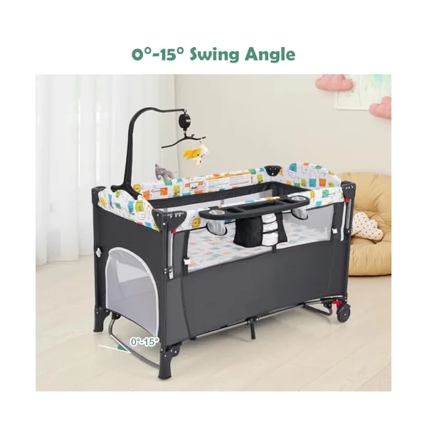 GYMAX 5 in 1 Folding Travel Cot, Portable Baby Bed Playard (Grey) | Diaper Changer, Music Box, Mattress, Hanging Toys & Basket, Side Zipper Entrance, Infant Bassinet Nursery Center for Newborn