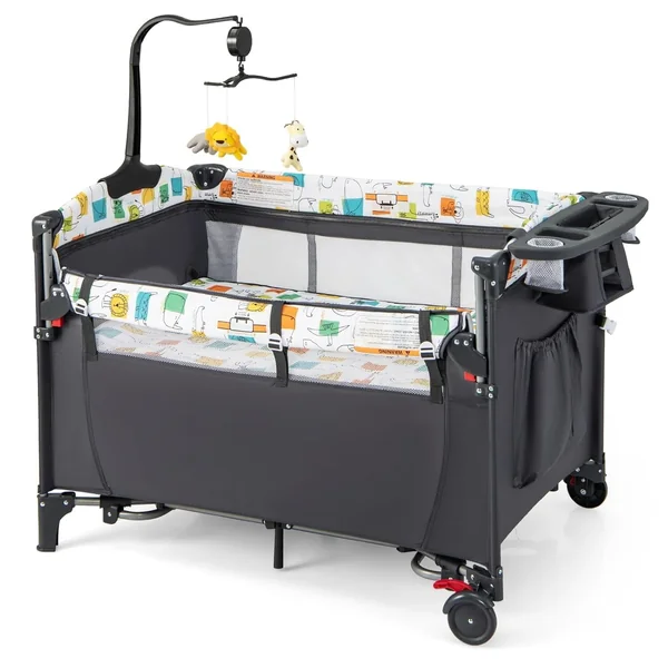 GYMAX 5 in 1 Folding Travel Cot, Portable Baby Bed Playard (Grey) | Diaper Changer, Music Box, Mattress, Hanging Toys & Basket, Side Zipper Entrance, Infant Bassinet Nursery Center for Newborn
