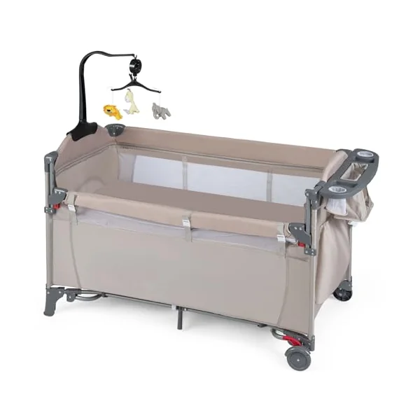GYMAX 5 in 1 Folding Travel Cot, Portable Baby Bed Playard (Khaki) | Diaper Changer, Music Box, Mattress, Hanging Toys & Basket, Side Zipper Entrance, Infant Bassinet Nursery Center for Newborn