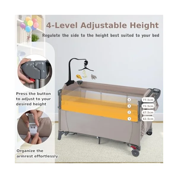 GYMAX 5 in 1 Folding Travel Cot, Portable Baby Bed Playard (Khaki) | Diaper Changer, Music Box, Mattress, Hanging Toys & Basket, Side Zipper Entrance, Infant Bassinet Nursery Center for Newborn