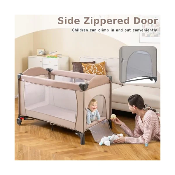 GYMAX 5 in 1 Folding Travel Cot, Portable Baby Bed Playard (Khaki) | Diaper Changer, Music Box, Mattress, Hanging Toys & Basket, Side Zipper Entrance, Infant Bassinet Nursery Center for Newborn