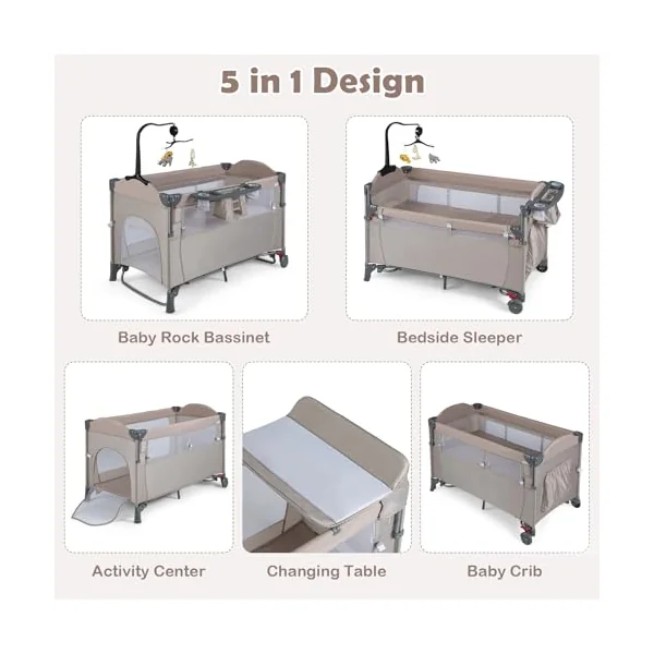 GYMAX 5 in 1 Folding Travel Cot, Portable Baby Bed Playard (Khaki) | Diaper Changer, Music Box, Mattress, Hanging Toys & Basket, Side Zipper Entrance, Infant Bassinet Nursery Center for Newborn