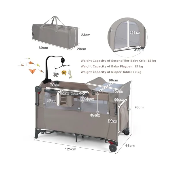 GYMAX 5 in 1 Folding Travel Cot, Portable Baby Bed Playard (Khaki) | Diaper Changer, Music Box, Mattress, Hanging Toys & Basket, Side Zipper Entrance, Infant Bassinet Nursery Center for Newborn