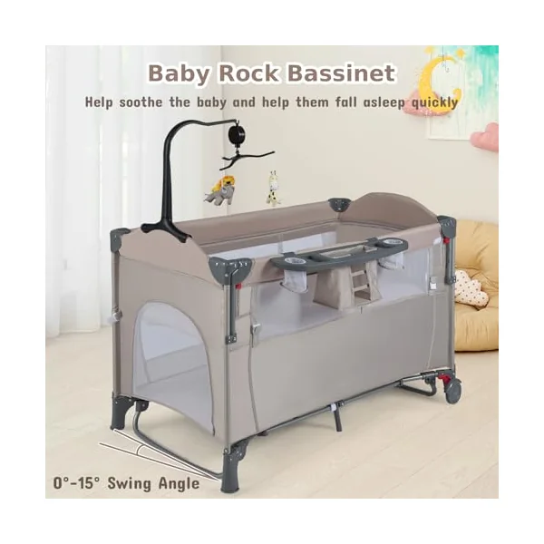 GYMAX 5 in 1 Folding Travel Cot, Portable Baby Bed Playard (Khaki) | Diaper Changer, Music Box, Mattress, Hanging Toys & Basket, Side Zipper Entrance, Infant Bassinet Nursery Center for Newborn