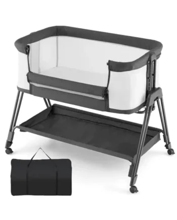 GYMAX Baby Bedside Crib, Foldable Infant Side Cot (Gray) | Carry Bag, Storage Basket Mattress and Wheels, Height Adjustable Toddler Co-Sleeping Bed