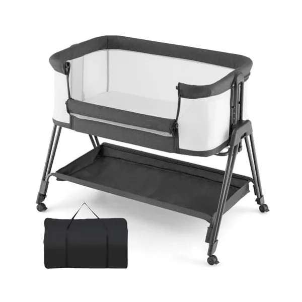 GYMAX Baby Bedside Crib, Foldable Infant Side Cot (Gray) | Carry Bag, Storage Basket Mattress and Wheels, Height Adjustable Toddler Co-Sleeping Bed