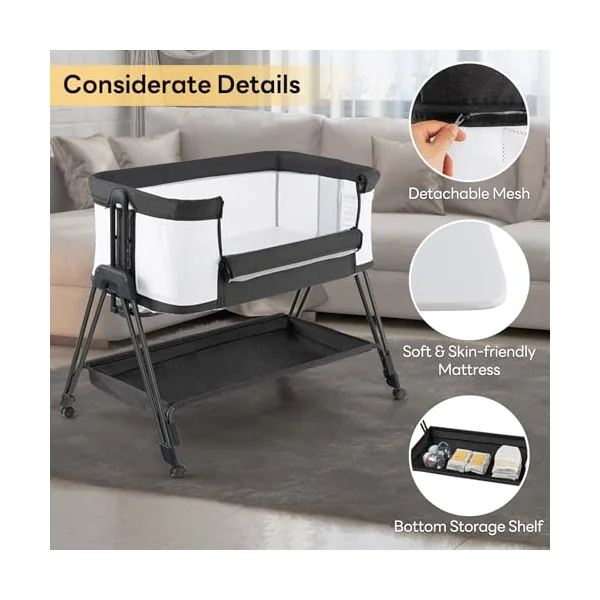 GYMAX Baby Bedside Crib, Foldable Infant Side Cot (Gray) | Carry Bag, Storage Basket Mattress and Wheels, Height Adjustable Toddler Co-Sleeping Bed