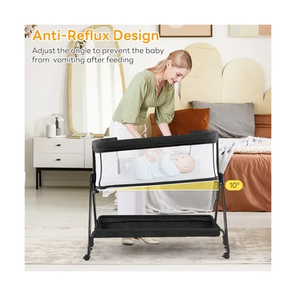 GYMAX Baby Bedside Crib, Foldable Infant Side Cot (Gray) | Carry Bag, Storage Basket Mattress and Wheels, Height Adjustable Toddler Co-Sleeping Bed
